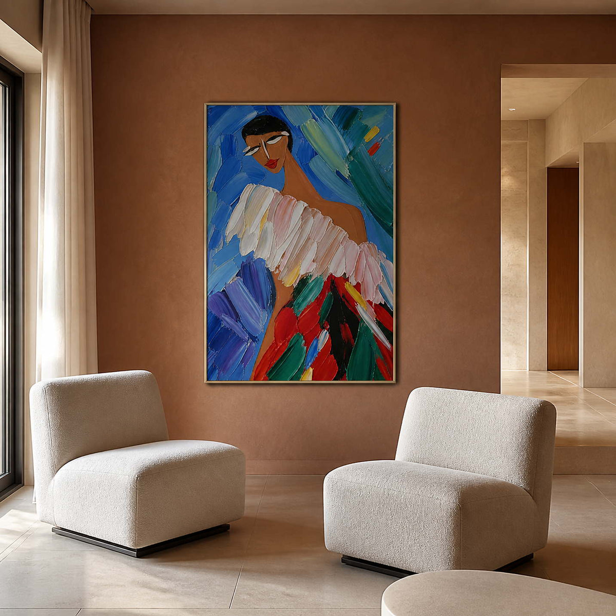 Colorful modern portrait displayed in a terracotta family room.