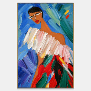 Expressive woman in a cobalt, emerald, red, coral, and blush dress.