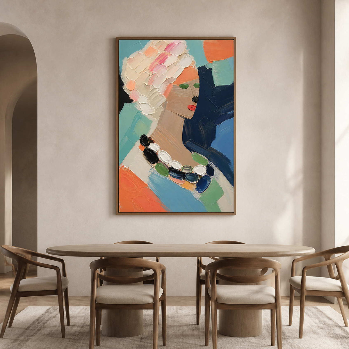 Colorful modern portrait adds personality to a warm wood dining room.