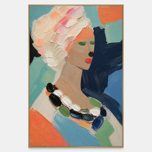 Hand-painted female portrait in coral, aqua, navy, and soft neutrals.