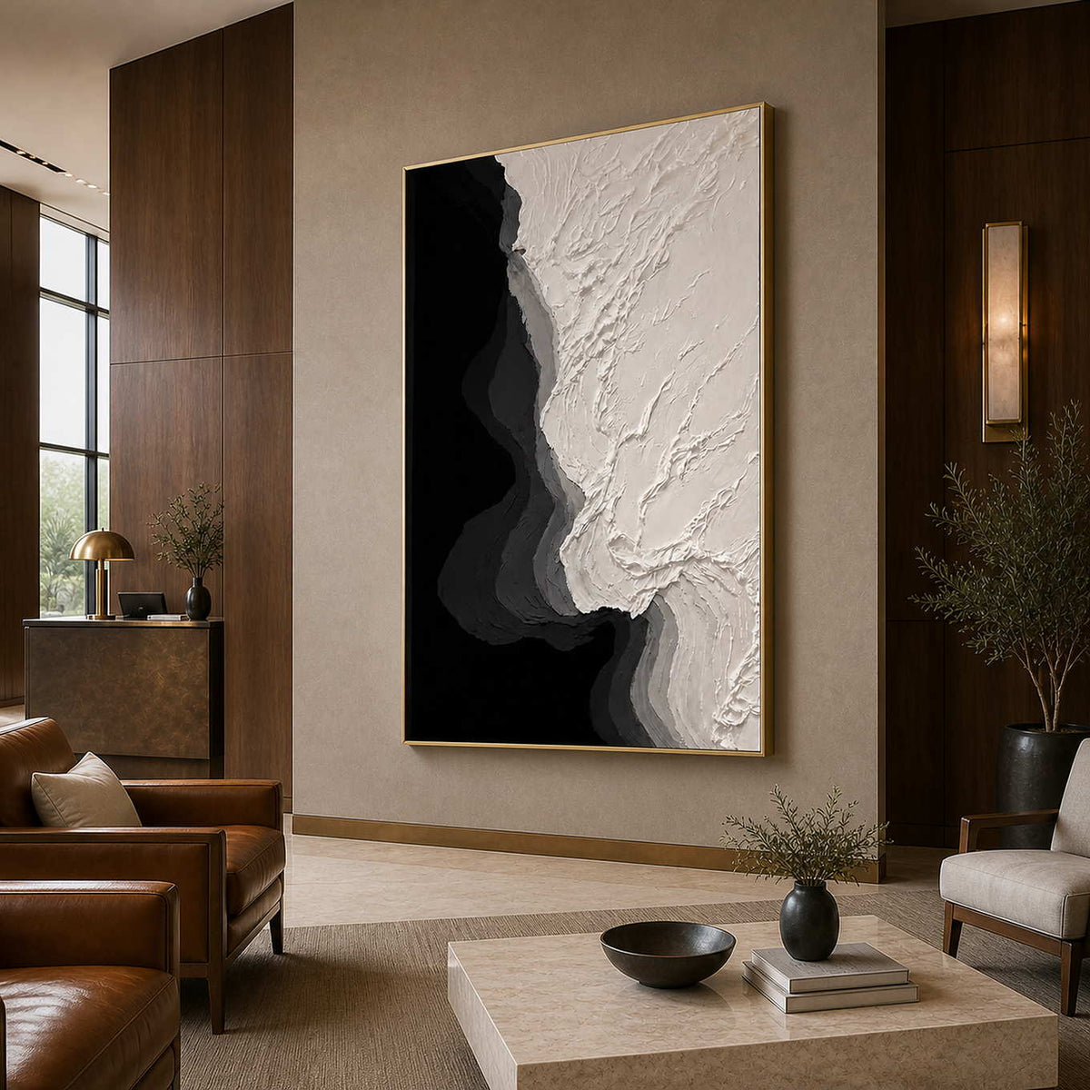 Gold framed black and ivory abstract painting beside seating in a hotel lobby.