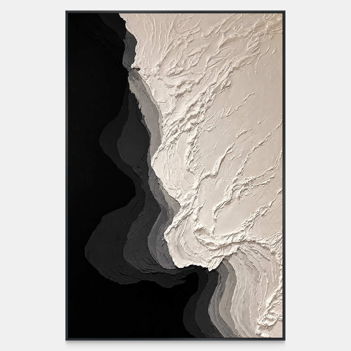 Vertical abstract artwork with raised ivory texture bordering curved gray and black layers.