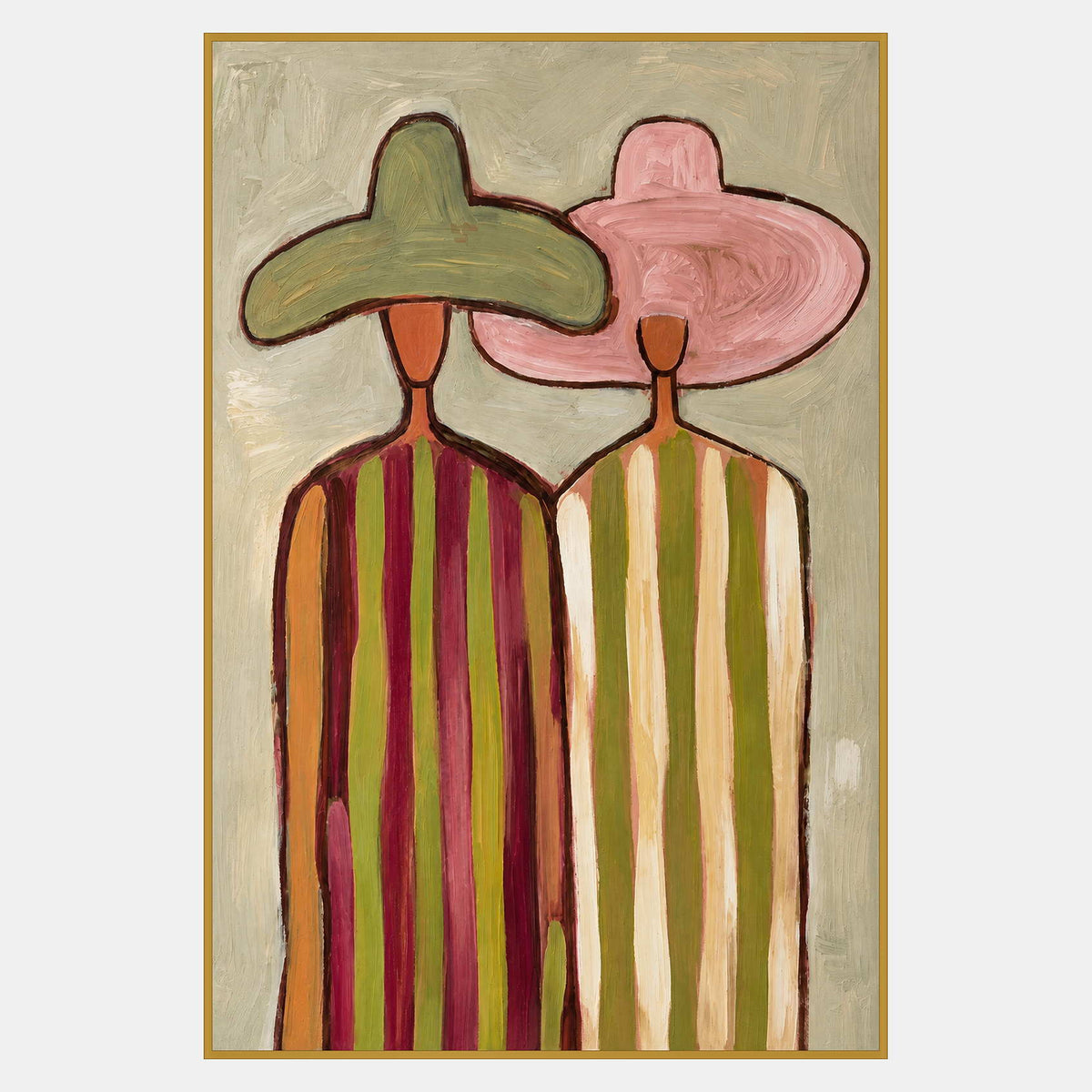 Two elongated figures in striped clothing stand side by side beneath overlapping green and pink broad-brimmed hats.
