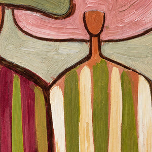 Detail of the pink hat, dark outlines, and green-and-cream clothing stripes.