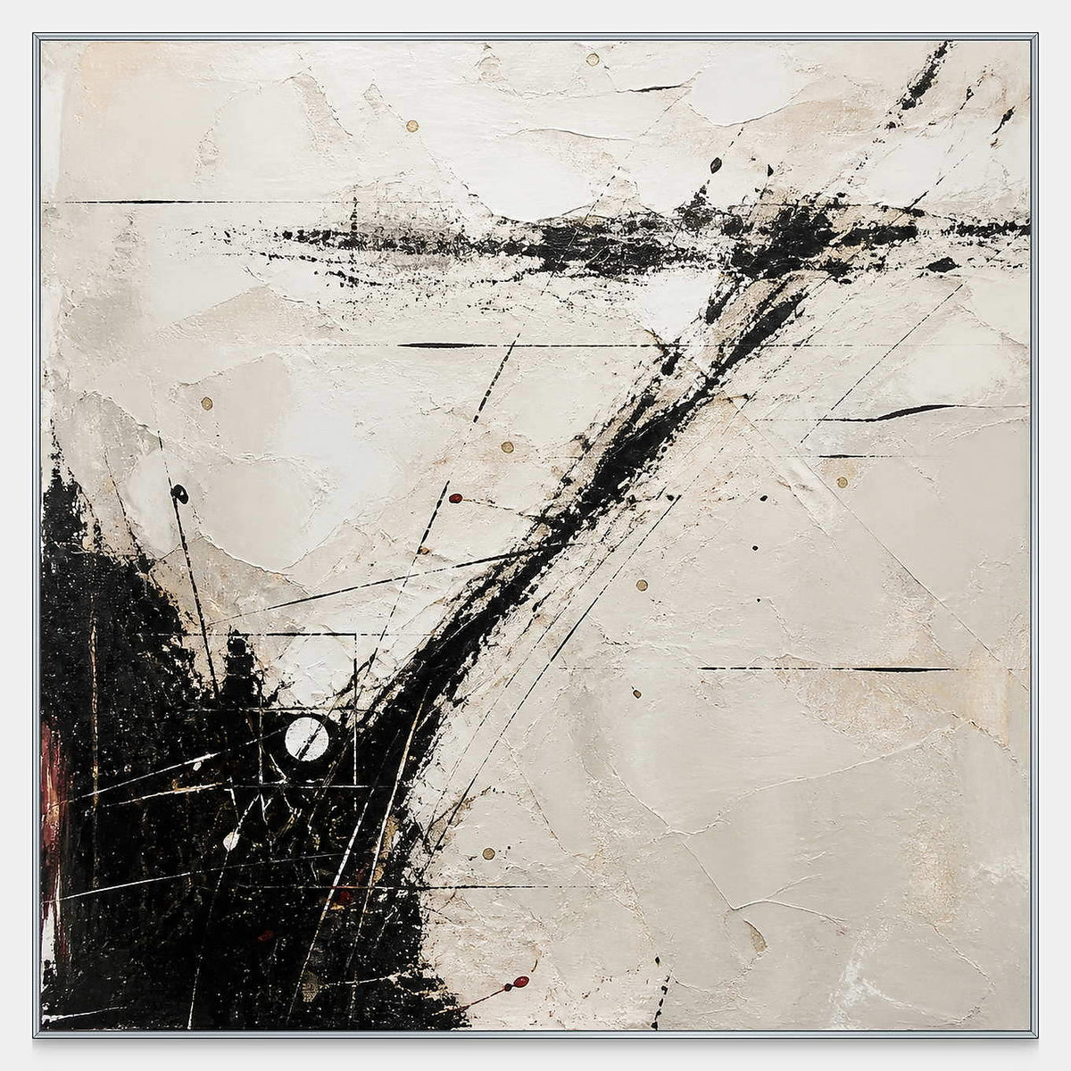 Hand-painted abstract wall art with sweeping black marks on layered ivory.