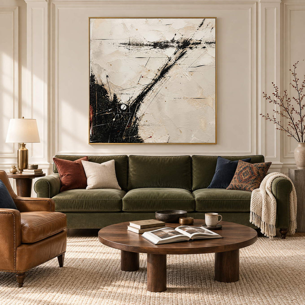 Ivory abstract painting with sweeping black marks and fine crossing lines in a gold frame in a living room.