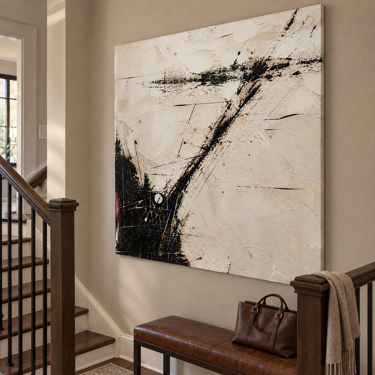 Ivory abstract painting with sweeping black marks and fine crossing lines without an outer frame on a stair landing.