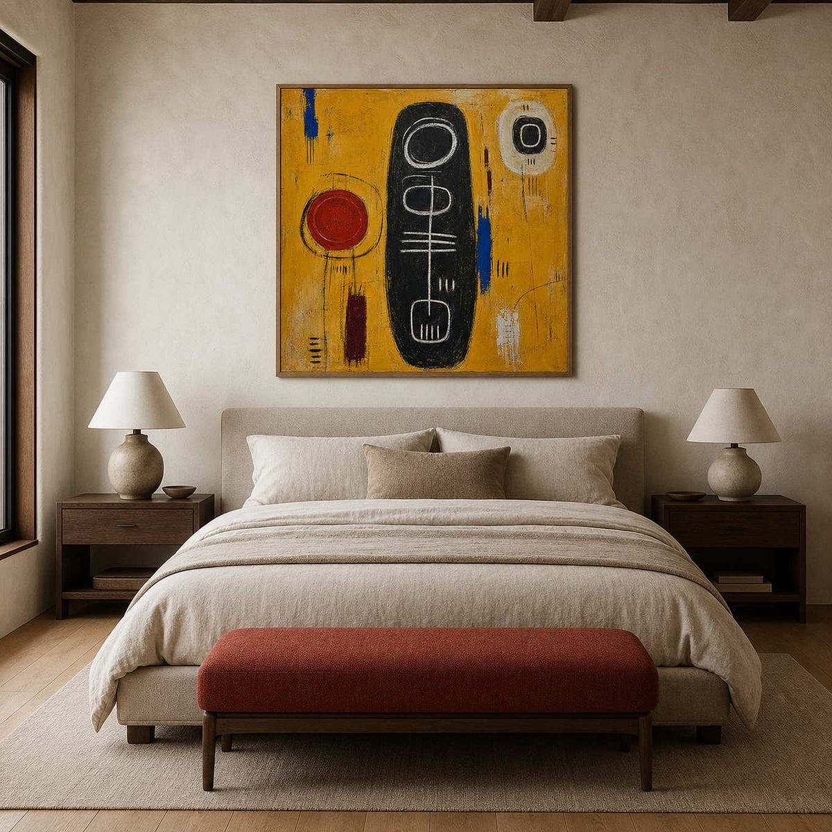Modern Abstract Wall Art displayed in a refined bedroom.