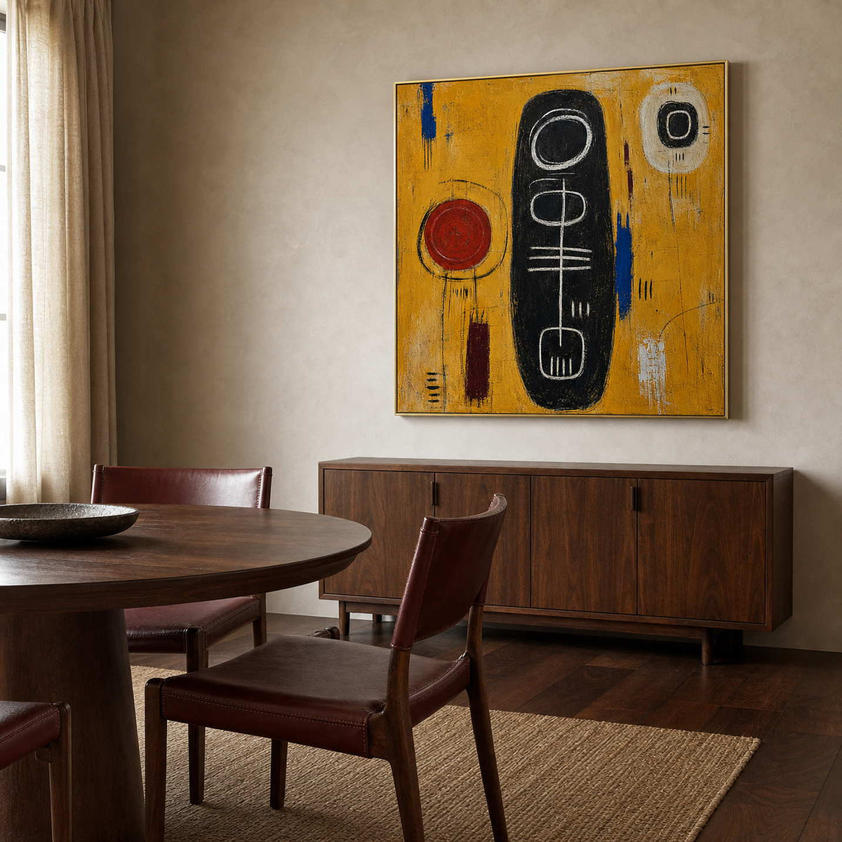 Modern Abstract Wall Art displayed in a refined dining room.