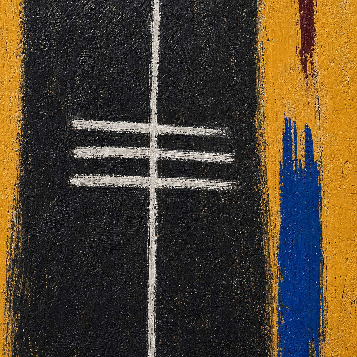 Close-up of raised hand-painted texture in warm tones, black, and blue.