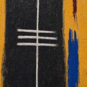 Close-up of raised hand-painted texture in warm tones, black, and blue.