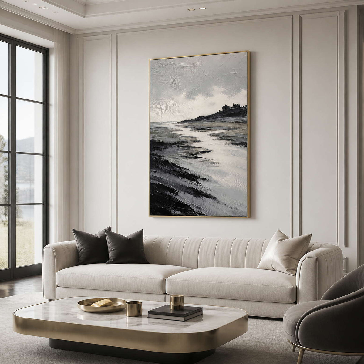 Vertical textured coastal wall art in a refined living room with a gold frame.