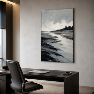 Modern coastal wall art in a sophisticated office with a silver frame.
