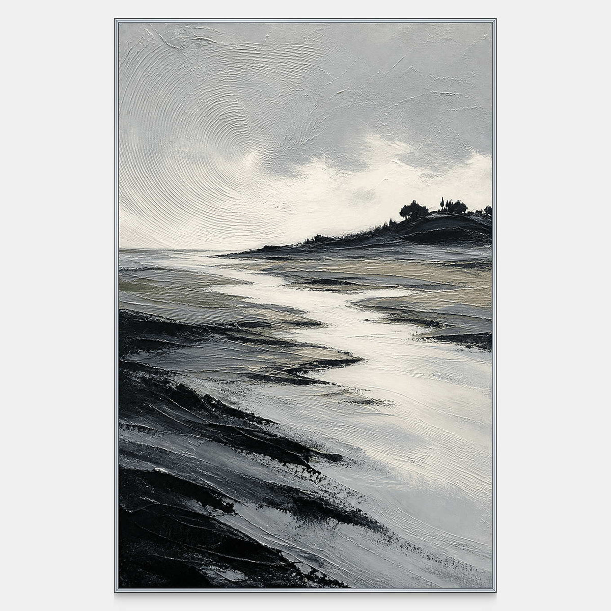 Hand-painted coastal wall art with silver water, dark shores, and a distant headland.
