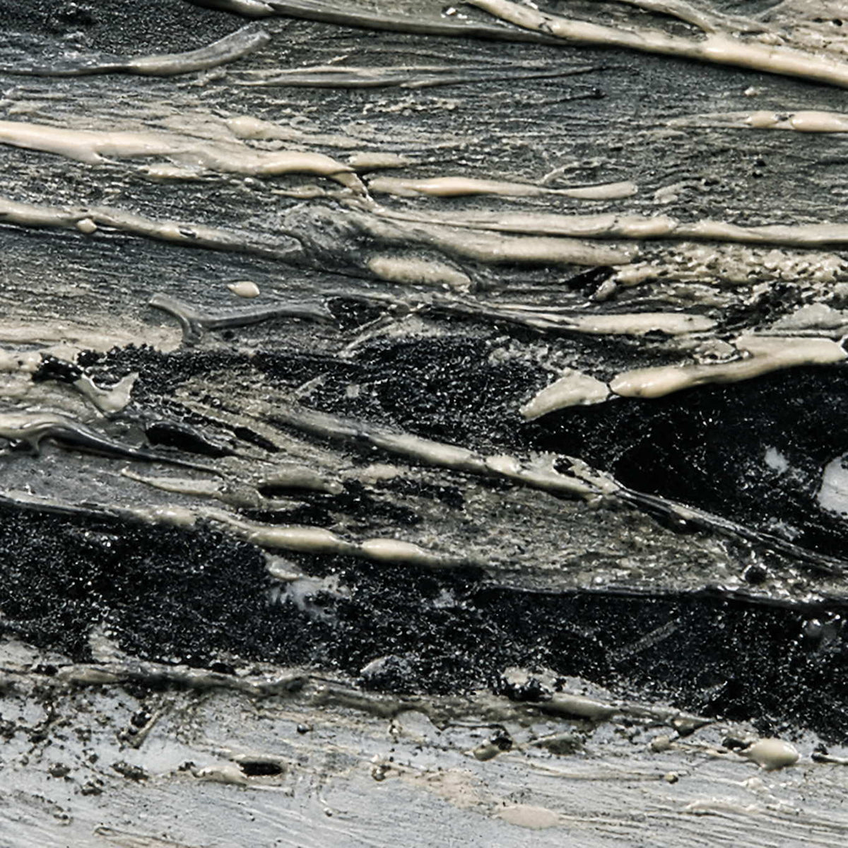Close-up of layered black, gray, and ivory tidal texture.