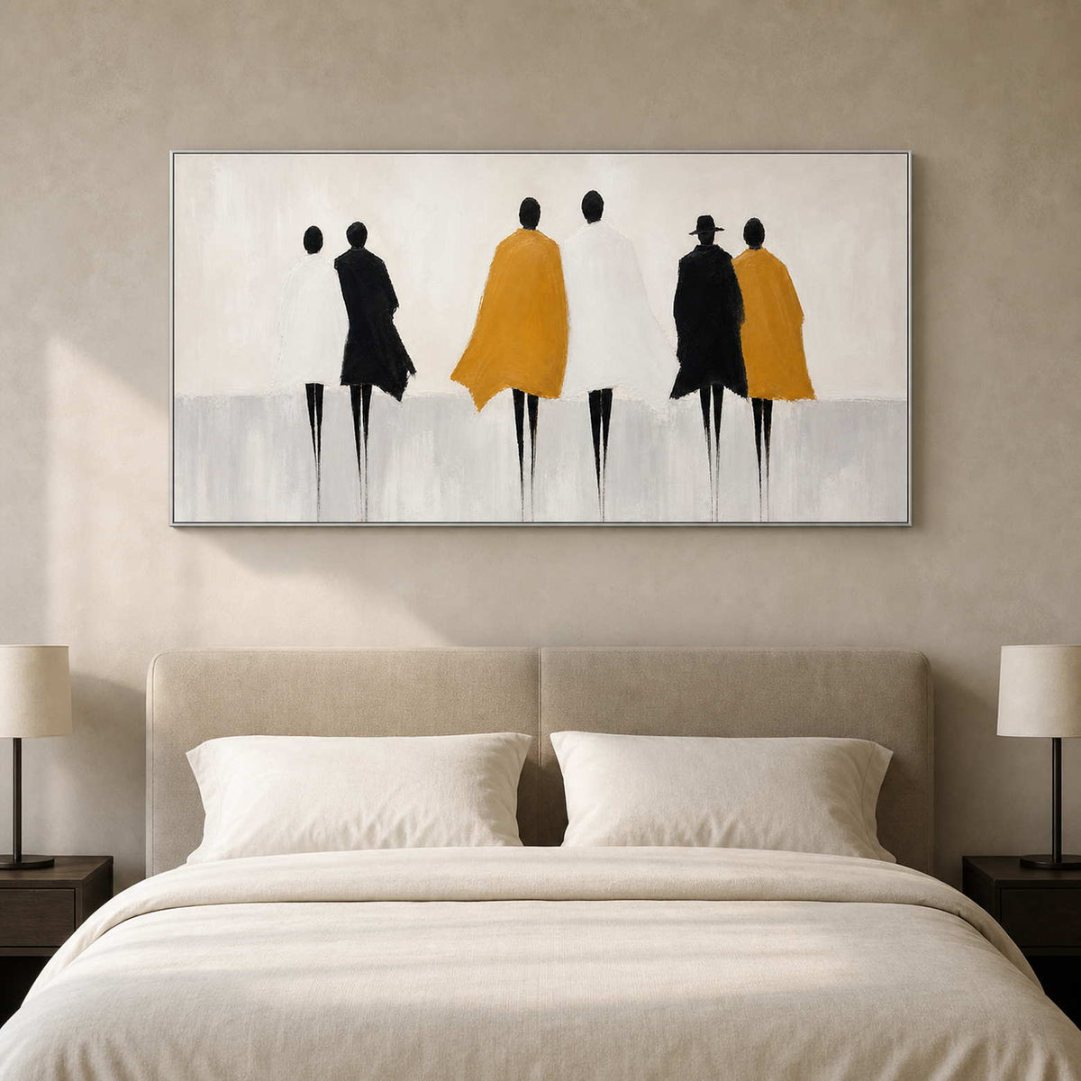 Minimalist people wall art centered above a serene neutral bedroom.