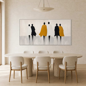 Panoramic figurative painting displayed in a bright modern dining room.