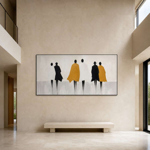 Minimalist figures bringing quiet rhythm to a double-height foyer.