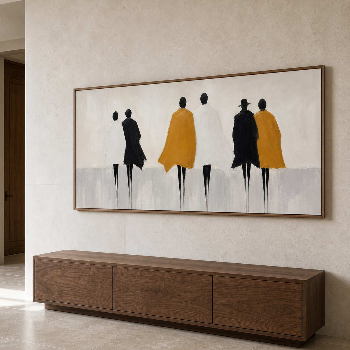 Panoramic people painting above a walnut entryway console.