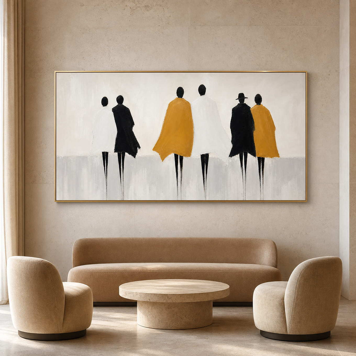 Neutral figurative wall art in a refined hotel lounge.