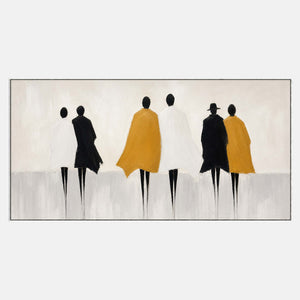 Six hand-painted figures in black, ivory, and mustard coats.