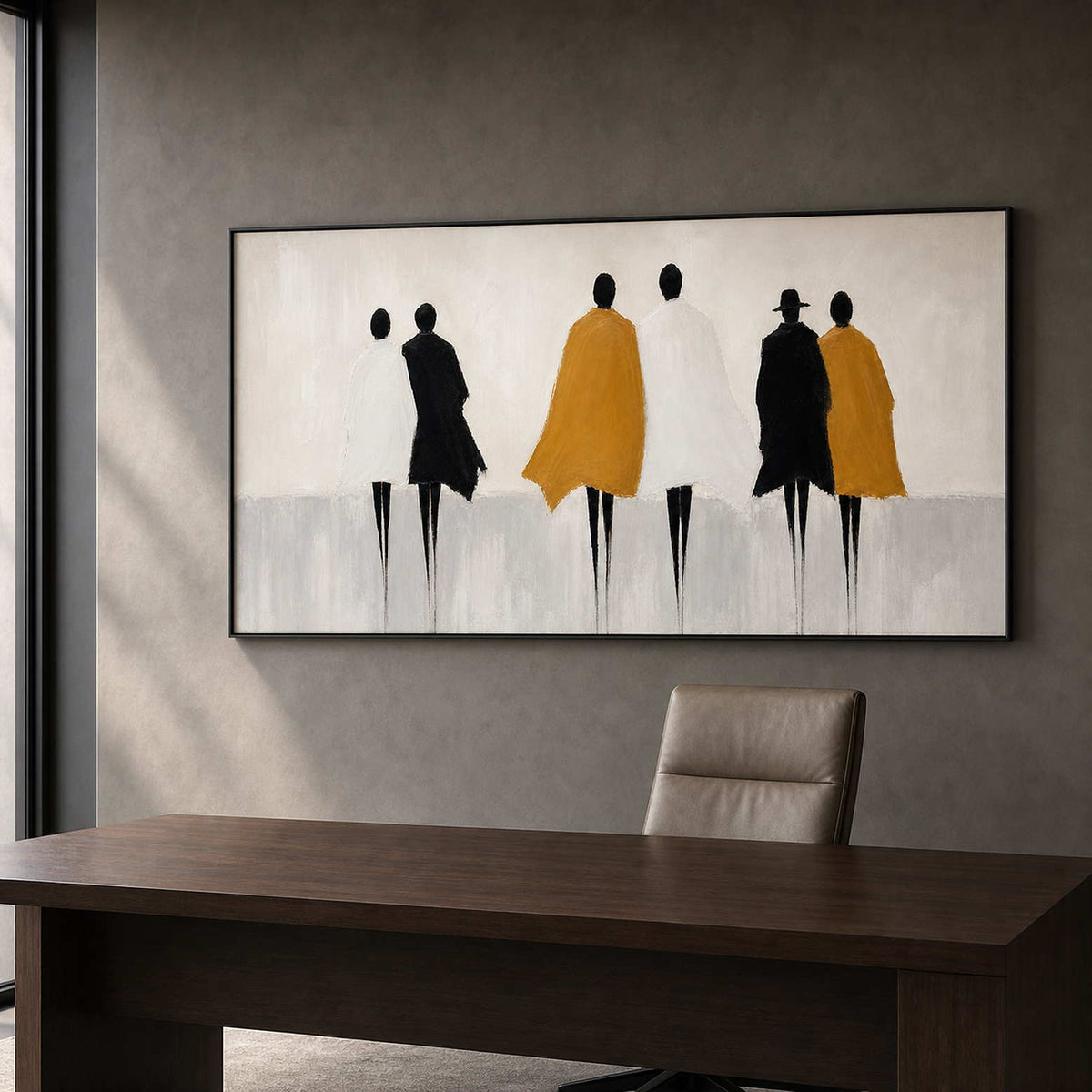 Black and mustard figurative artwork in a dark executive office.