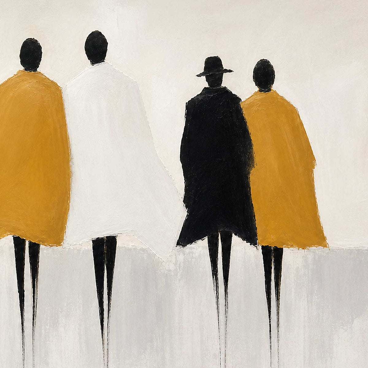 Close-up of textured black, ivory, and mustard painted silhouettes.