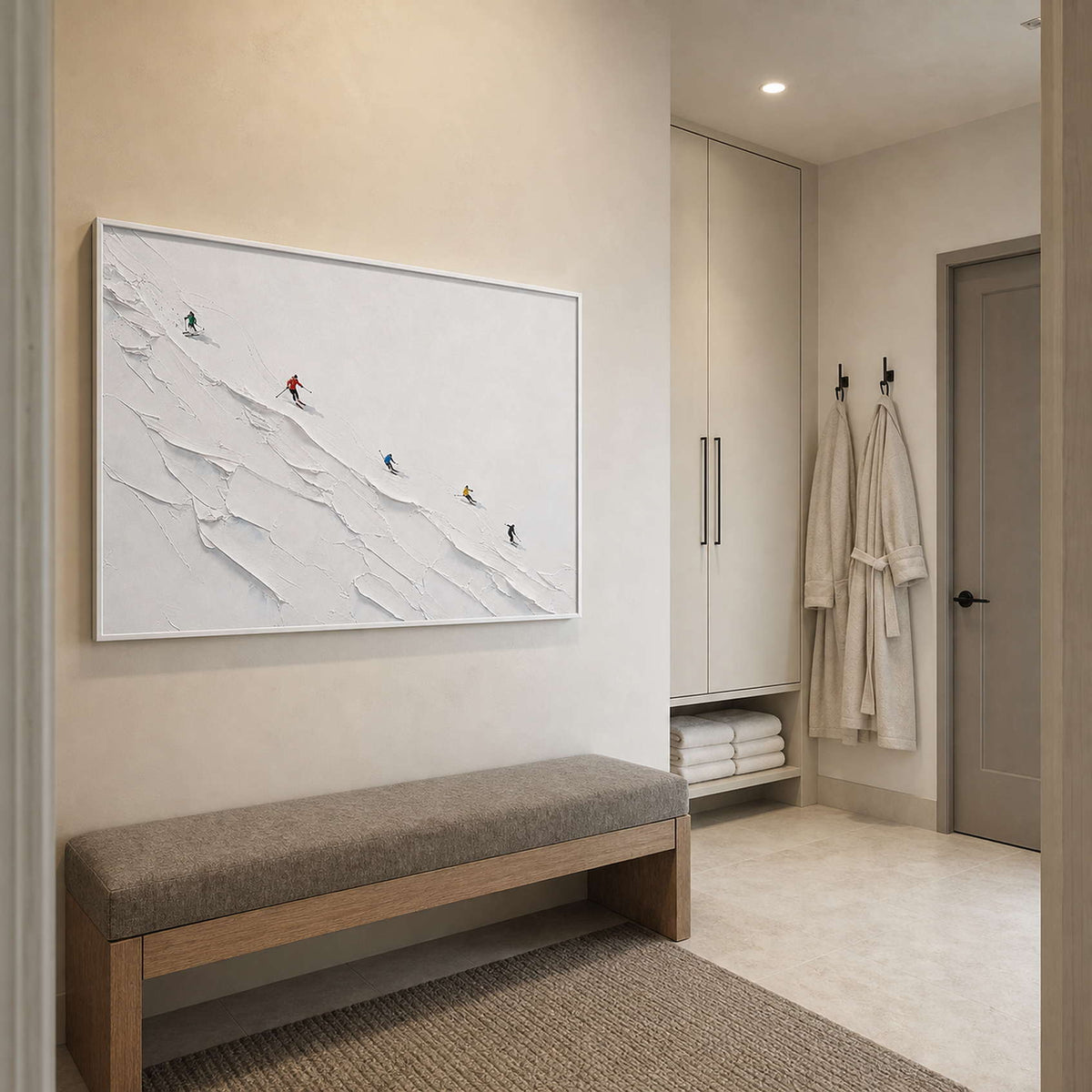 Textured Skiing Wall Art displayed in a refined bathroom.