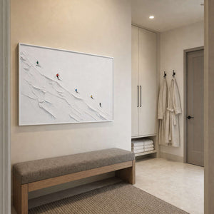 Textured Skiing Wall Art displayed in a refined bathroom.