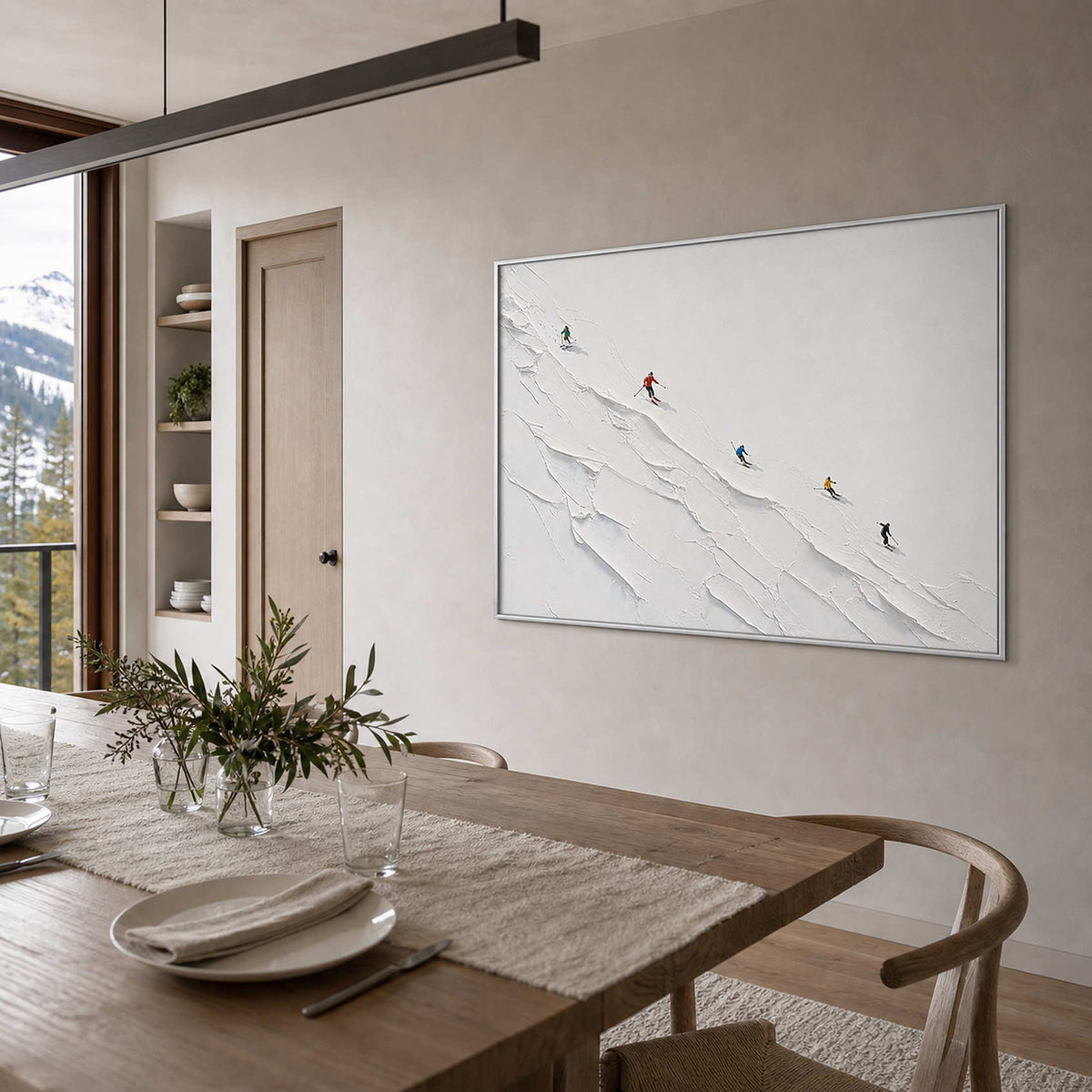 Textured Skiing Wall Art displayed in a refined dining room.