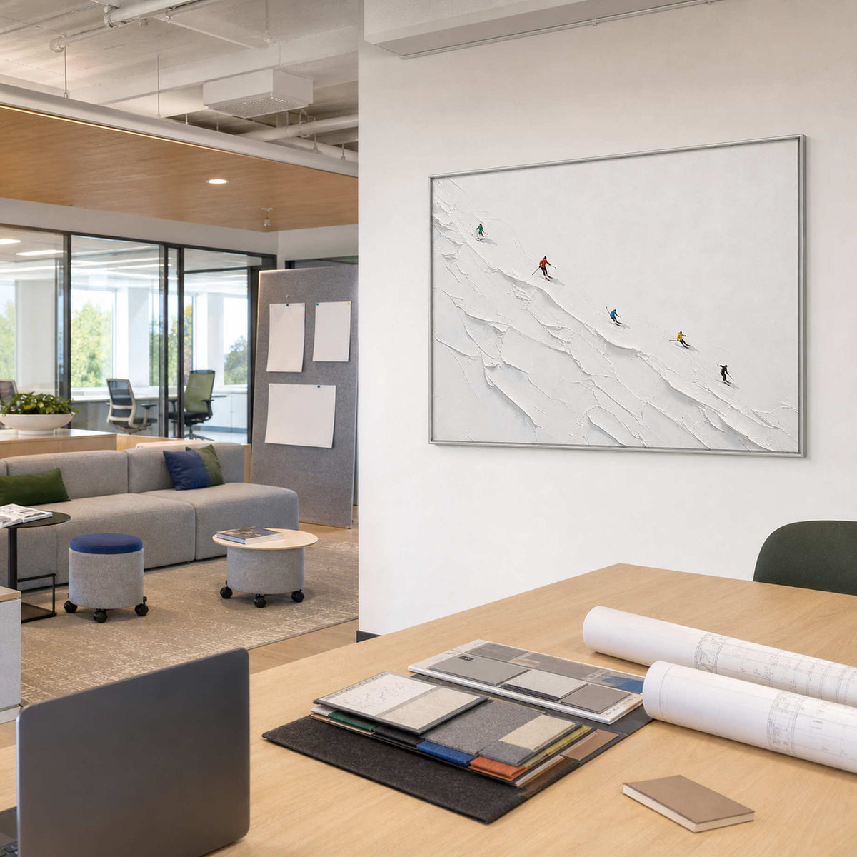 Textured Skiing Wall Art displayed in a refined office.
