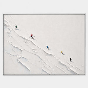 Hand-painted textured skiing wall art in white, neutral, and multicolor.