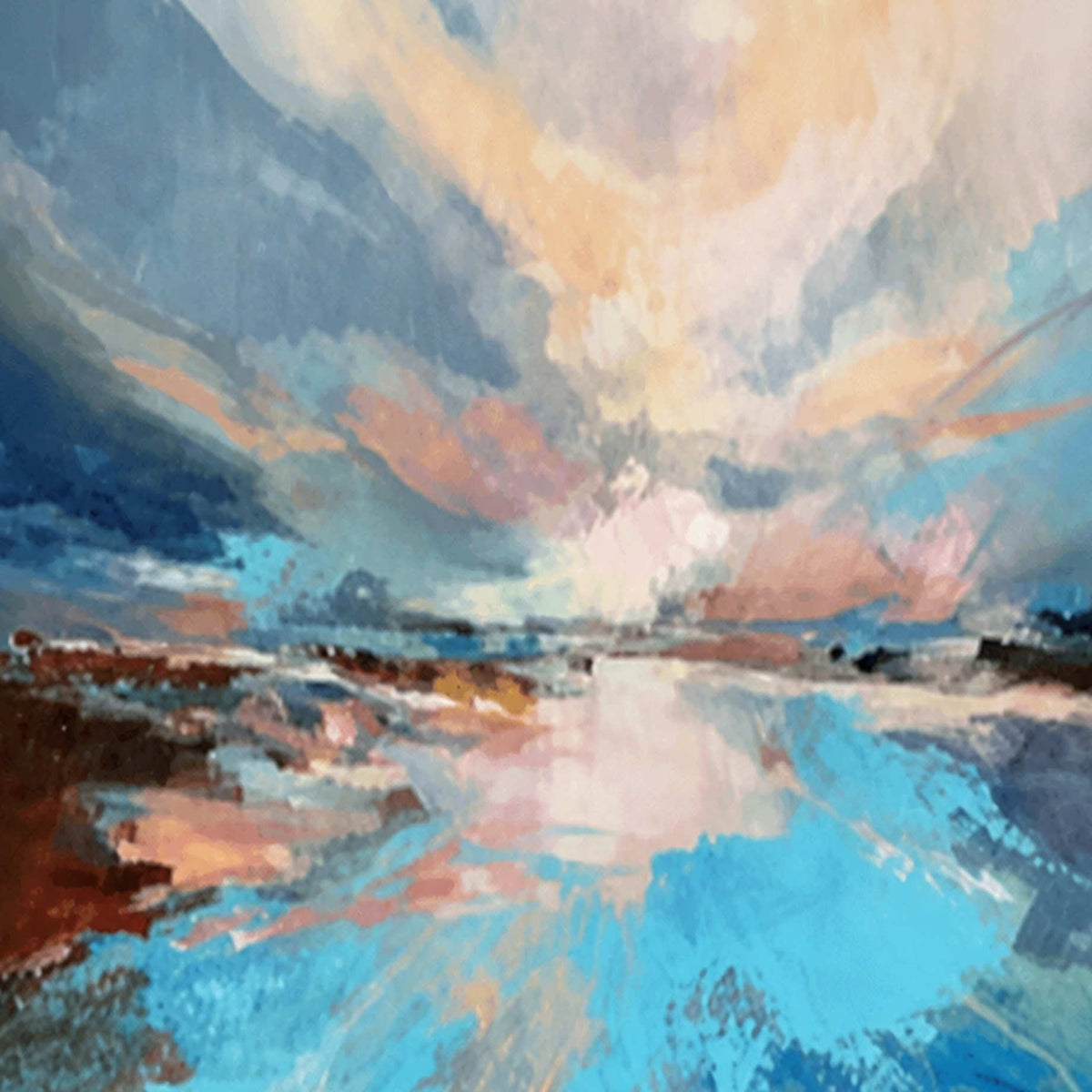 Close view of peach sky strokes meeting pale reflections across blue water.