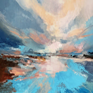 Close view of peach sky strokes meeting pale reflections across blue water.