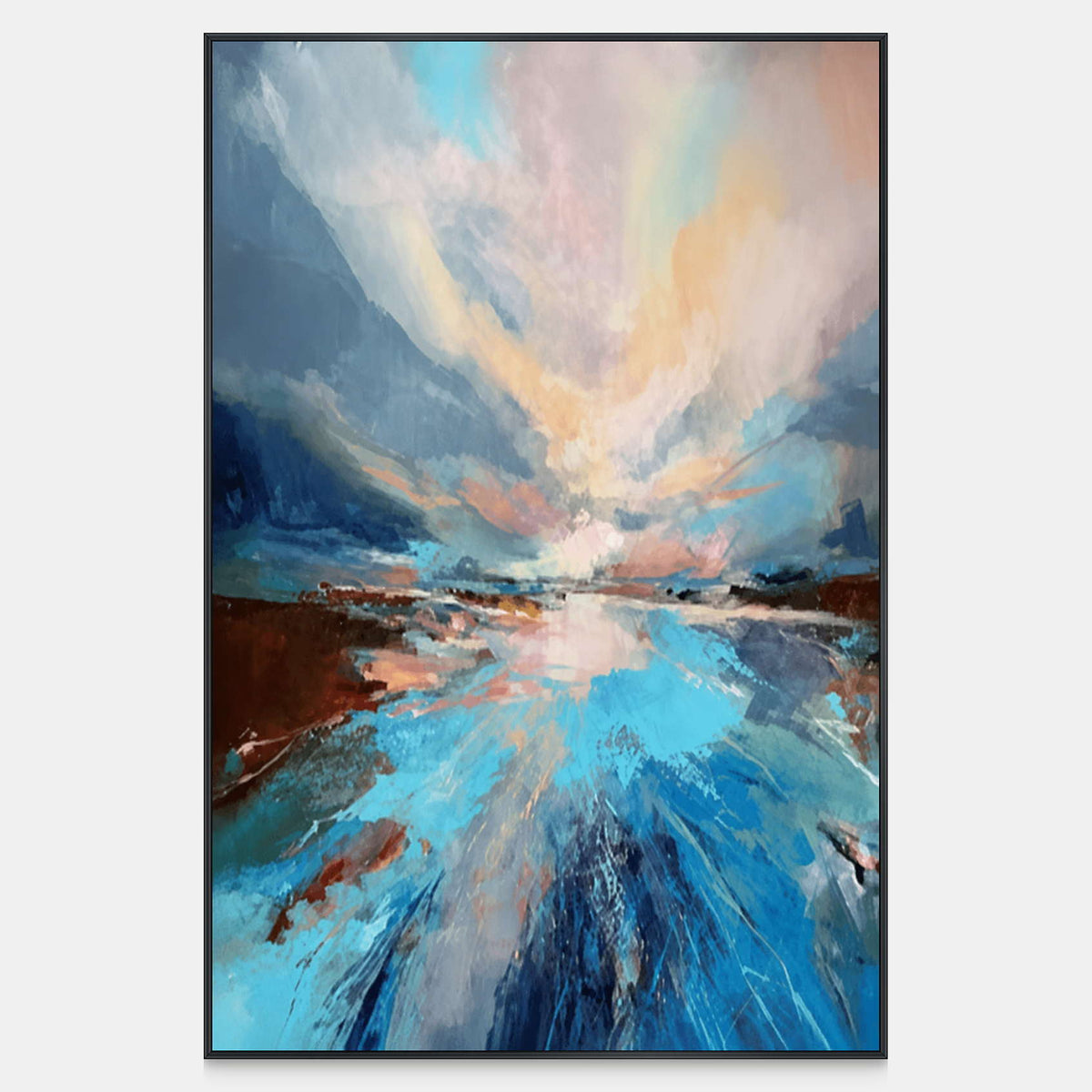 Vertical landscape with blue water, dark banks, and a luminous peach and cream sky.