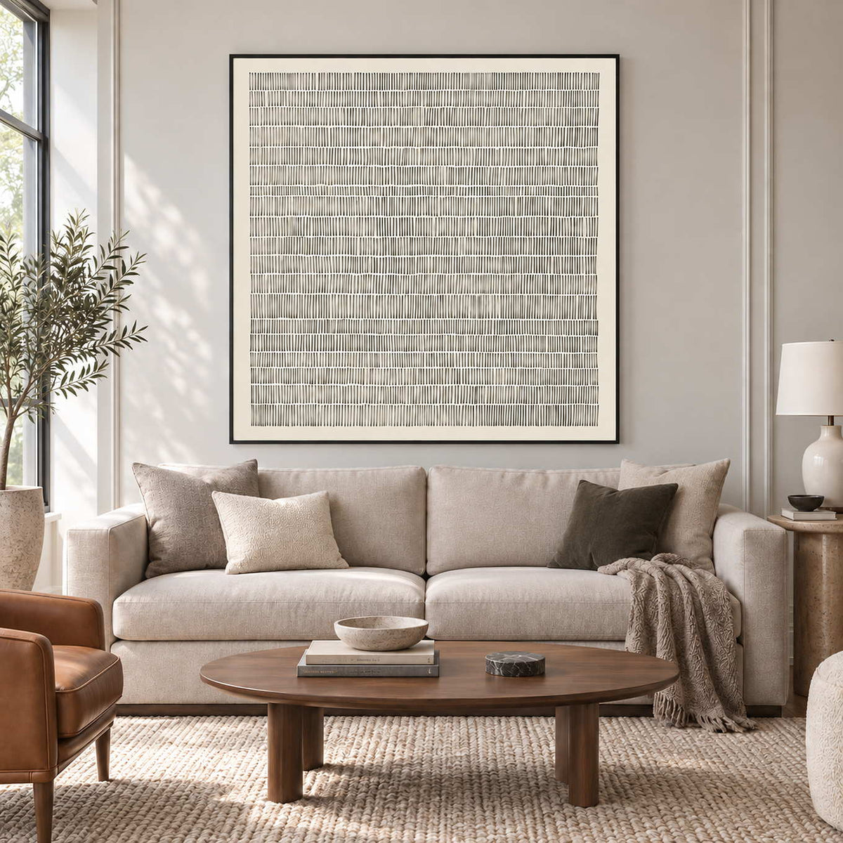 Slow and Lasting in a black frame above a cream sofa with taupe cushions and an oval wood coffee table.