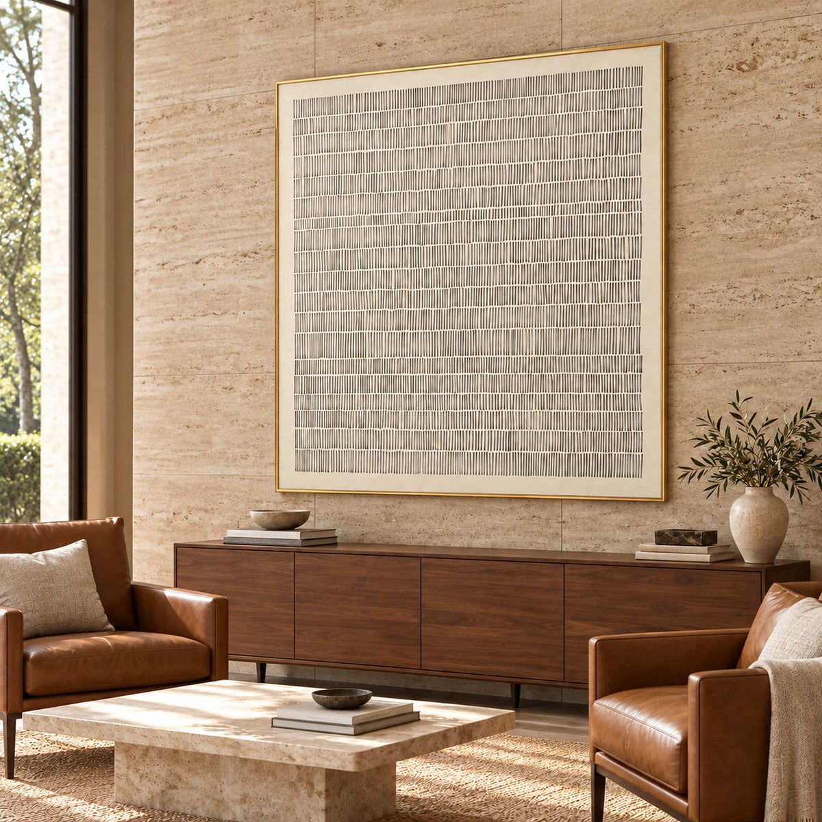 Slow and Lasting in a gold frame above a wood sideboard between brown leather chairs in a stone-walled commercial lobby.