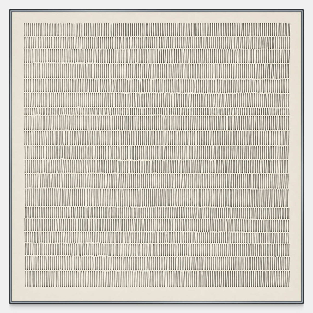 Front view of Slow and Lasting, fine gray marks in close horizontal rows on a cream square ground with a pale margin.