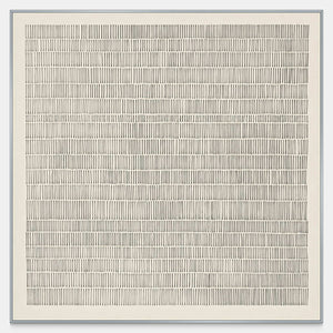 Front view of Slow and Lasting, fine gray marks in close horizontal rows on a cream square ground with a pale margin.