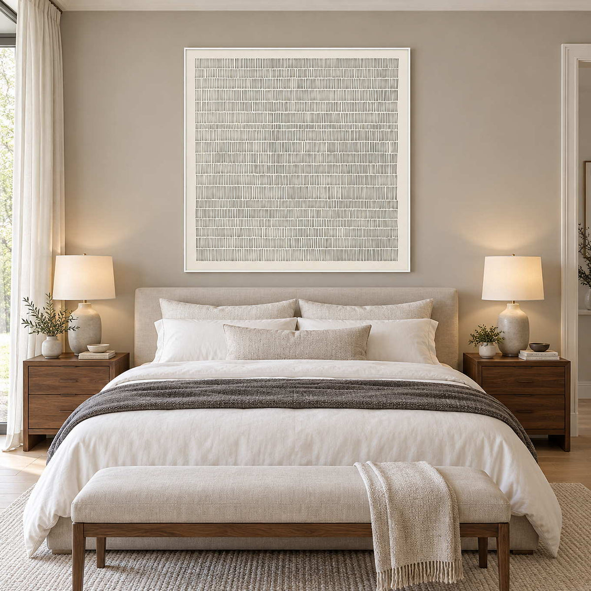 Slow and Lasting in a white frame above a cream bed with gray layered bedding and a pale upholstered bench.