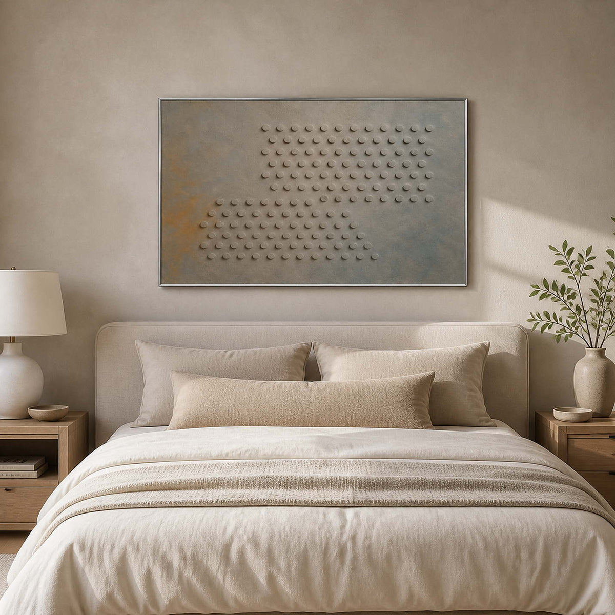 Minimalist geometric painting displayed above a serene neutral bedroom.