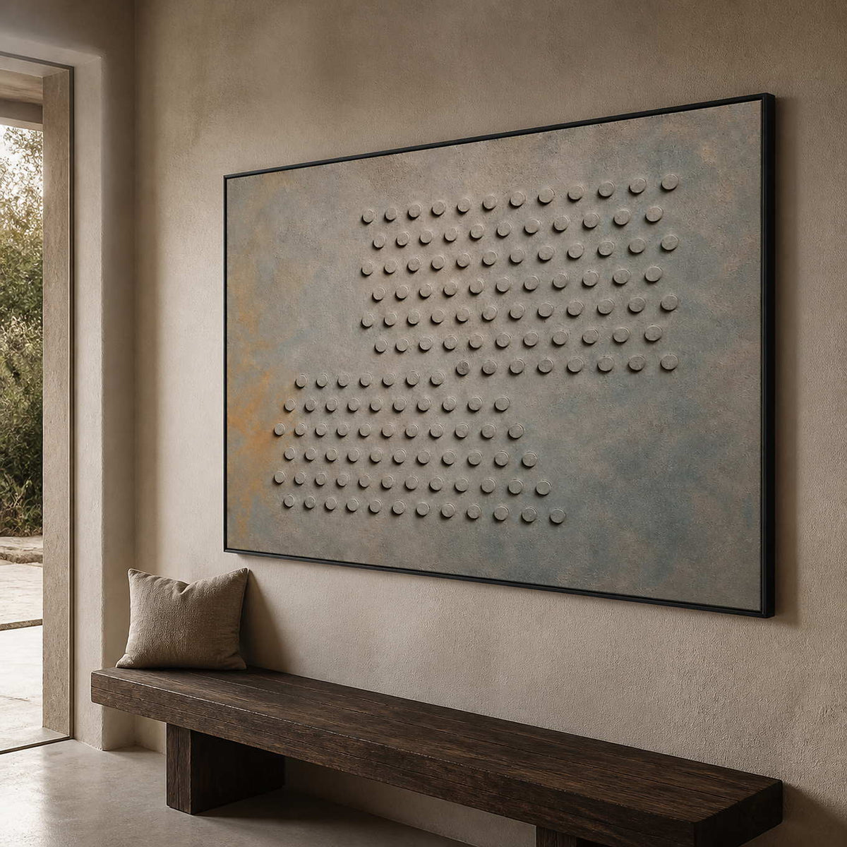 Horizontal textured wall art displayed along a quiet modern hallway.