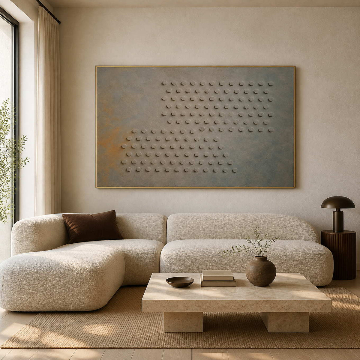 Textured geometric wall art displayed in a warm minimalist living room.