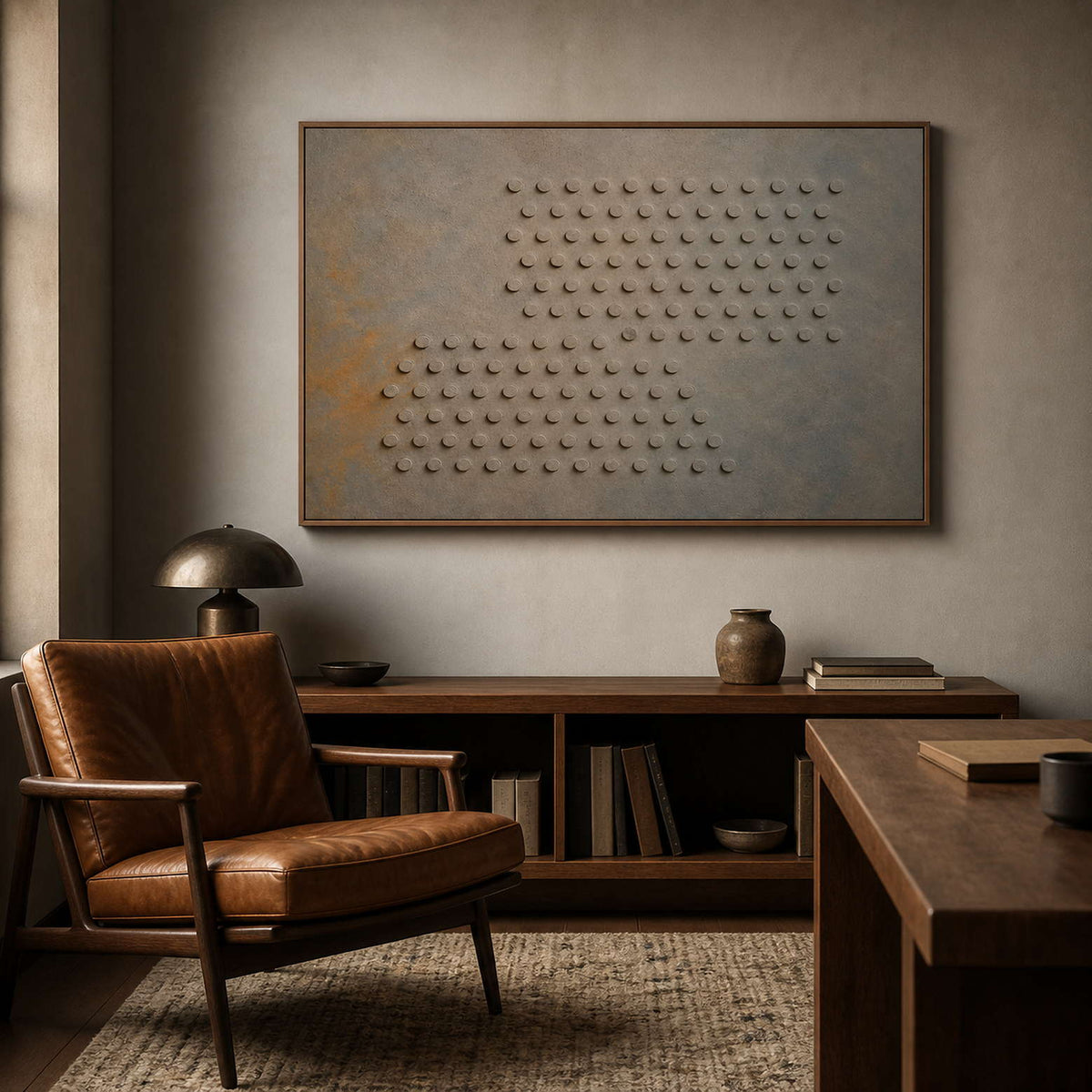 Geometric relief artwork displayed in a warm walnut home office.
