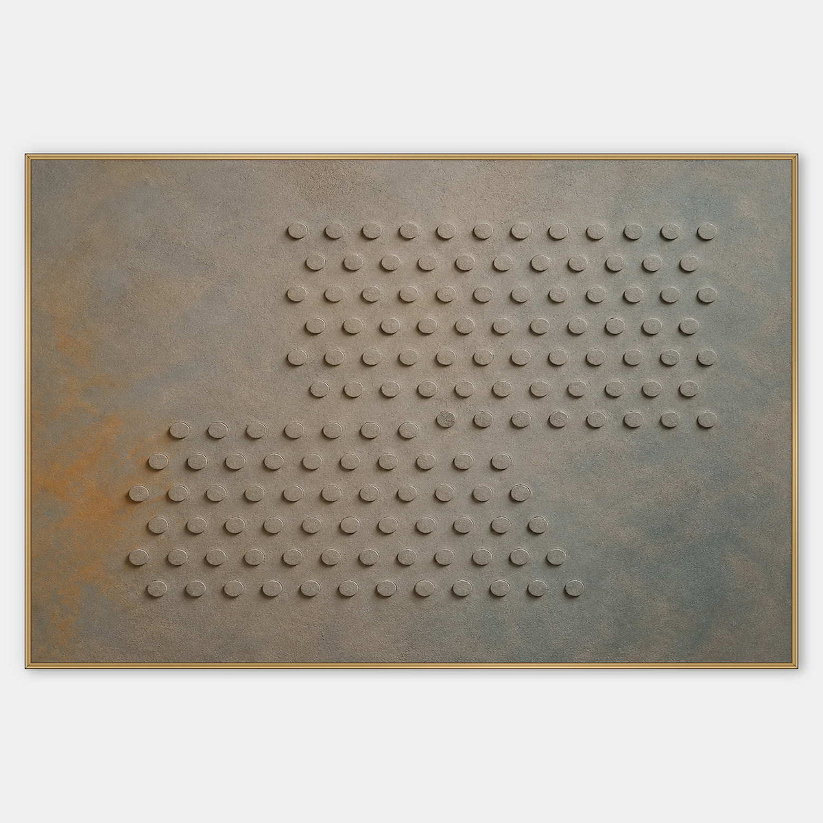 Horizontal relief artwork with raised circles in mist blue, gray, and ochre.