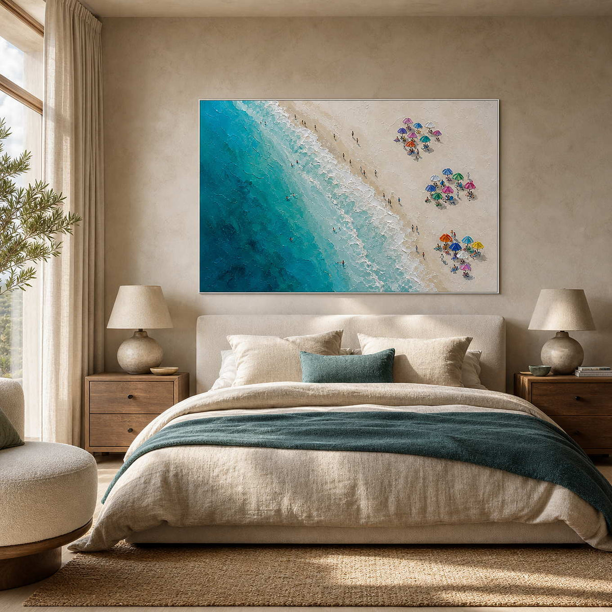 Coastal Beach Wall Art displayed in a refined bedroom.