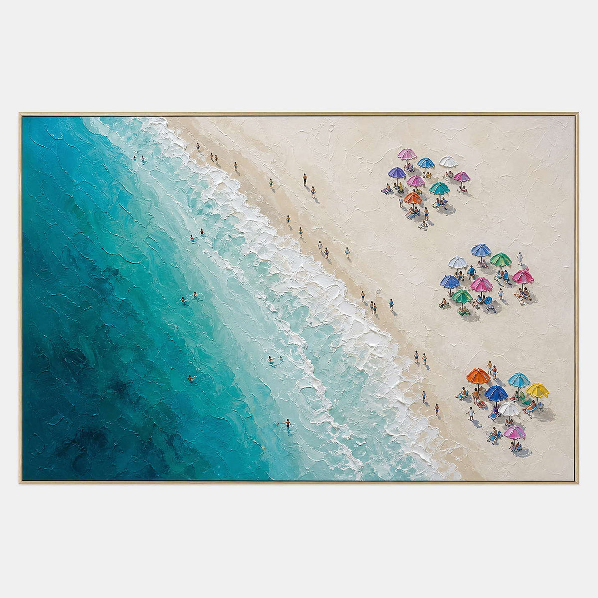 Hand-painted coastal beach wall art with blue, white, and multicolor tones.