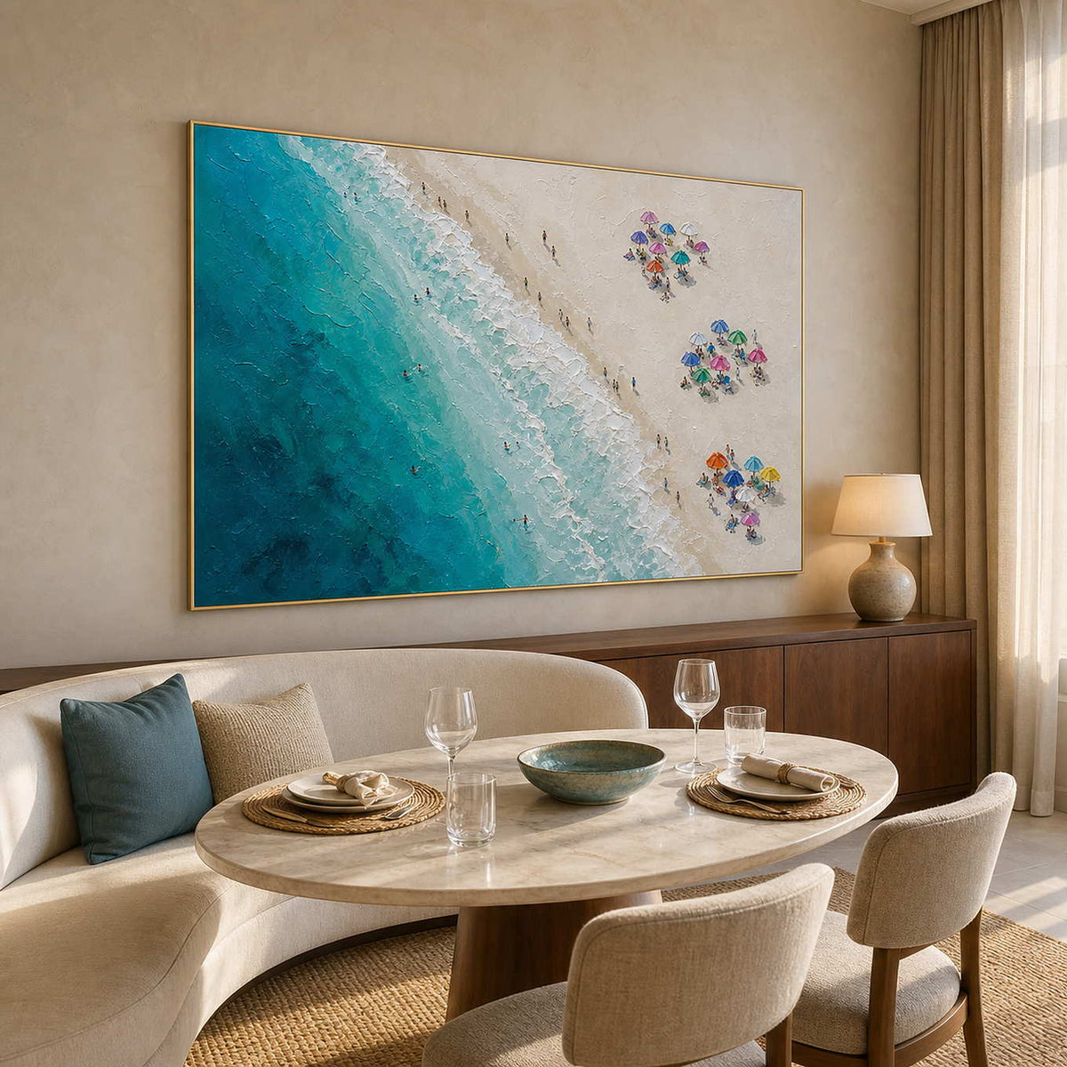 Coastal Beach Wall Art displayed in a refined hospitality lounge.