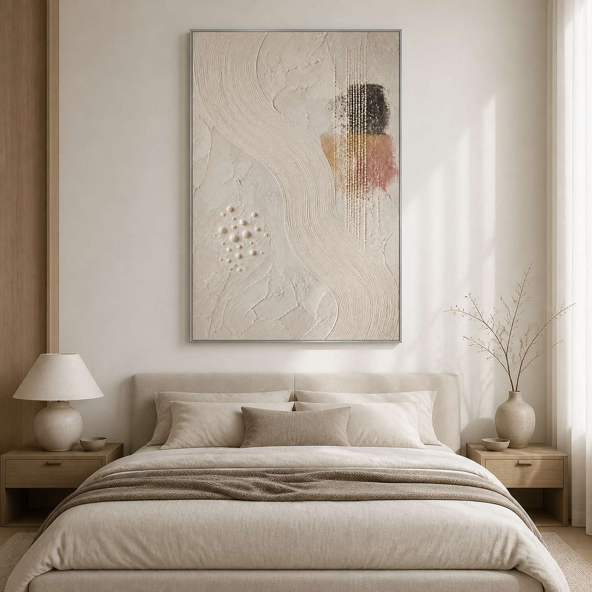 Ivory minimalist painting displayed above a warm white oak bedroom.