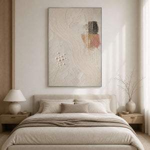 Ivory minimalist painting displayed above a warm white oak bedroom.